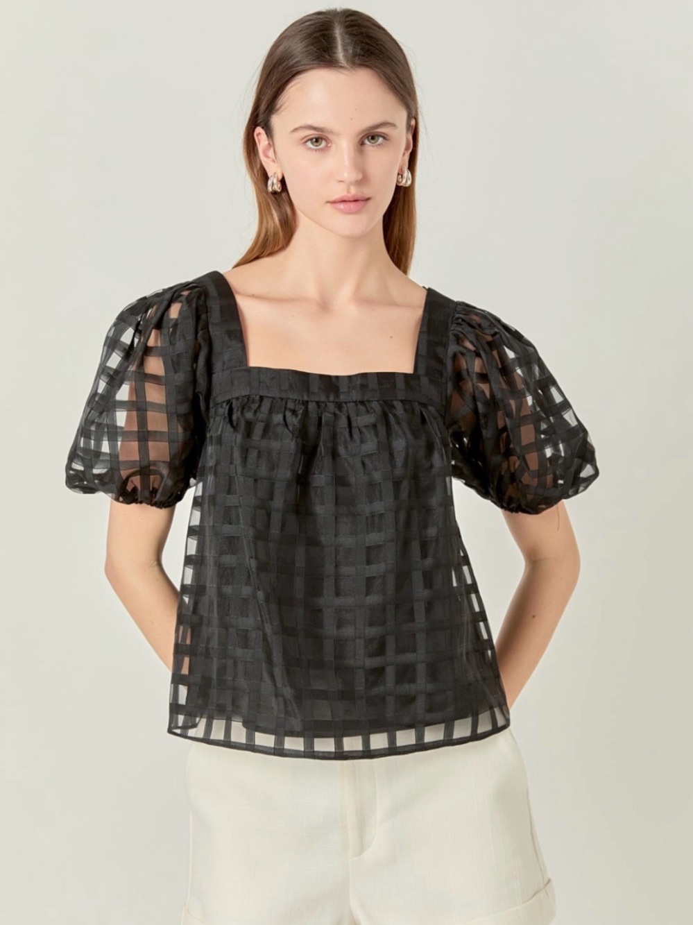 English Factory Black Organza Window-Pane Sheer Check Puff-Sleeve Top (NWT)